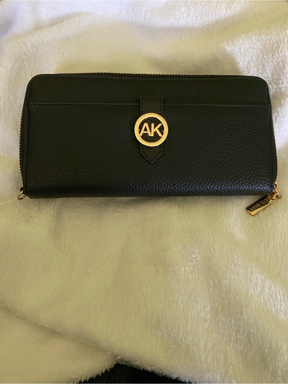 Anne Klein Black Leather Zip-Around Wallet with Gold Accent
